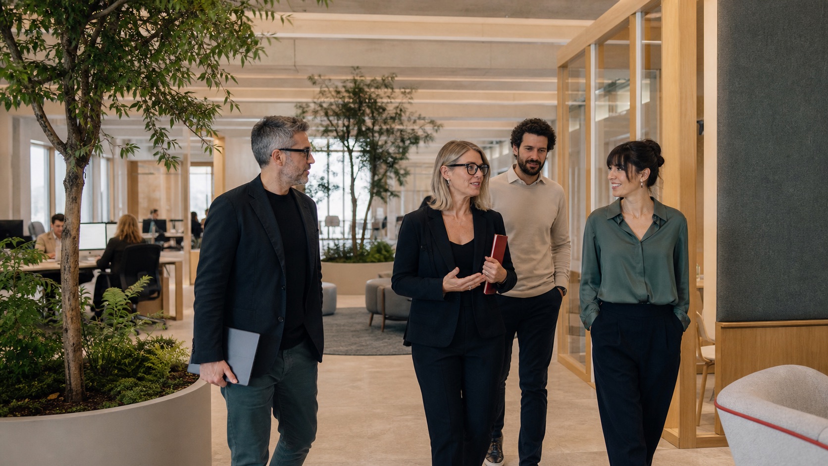 Team intergenerazionale in un ufficio contemporaneo e naturale